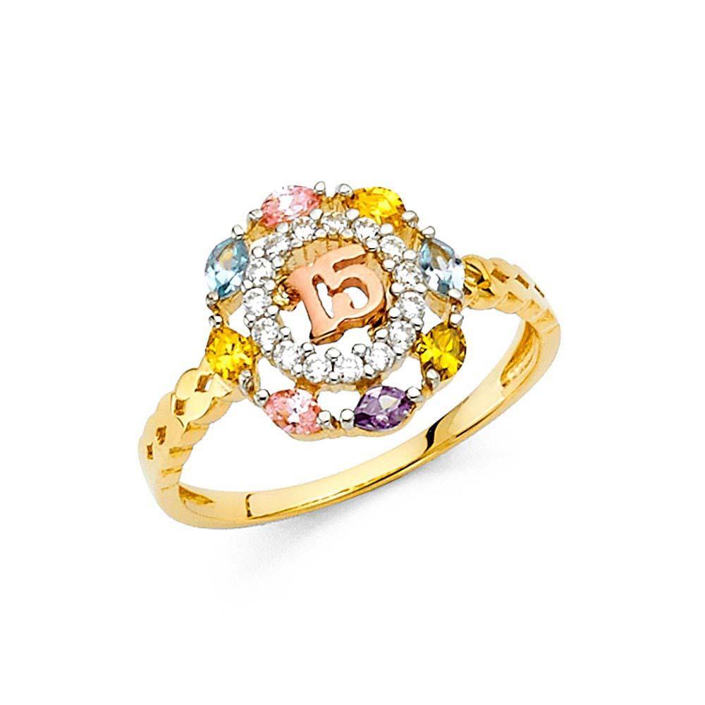 14K 15 Years Yellow Gold CZ Fancy Ring - silverdepot