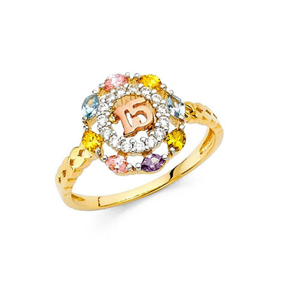 14K 15 Years Yellow Gold CZ Fancy Ring - silverdepot