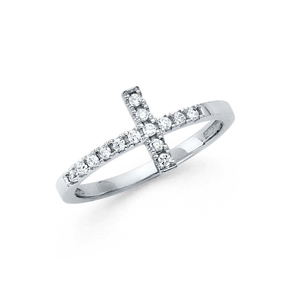 14K White Gold 10mm Clear CZ Side Way Cross Ring - silverdepot