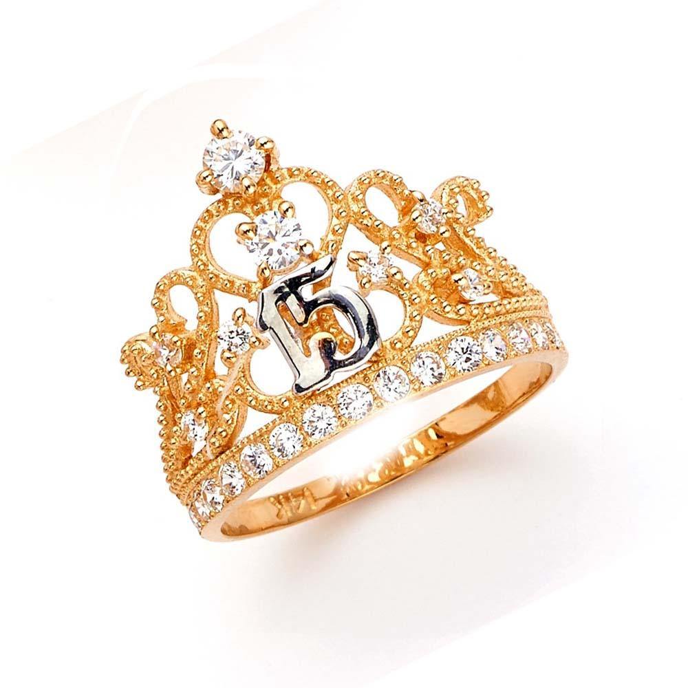 14K Yellow Gold 15 Years 15mm Crown Clear CZ Ring - silverdepot