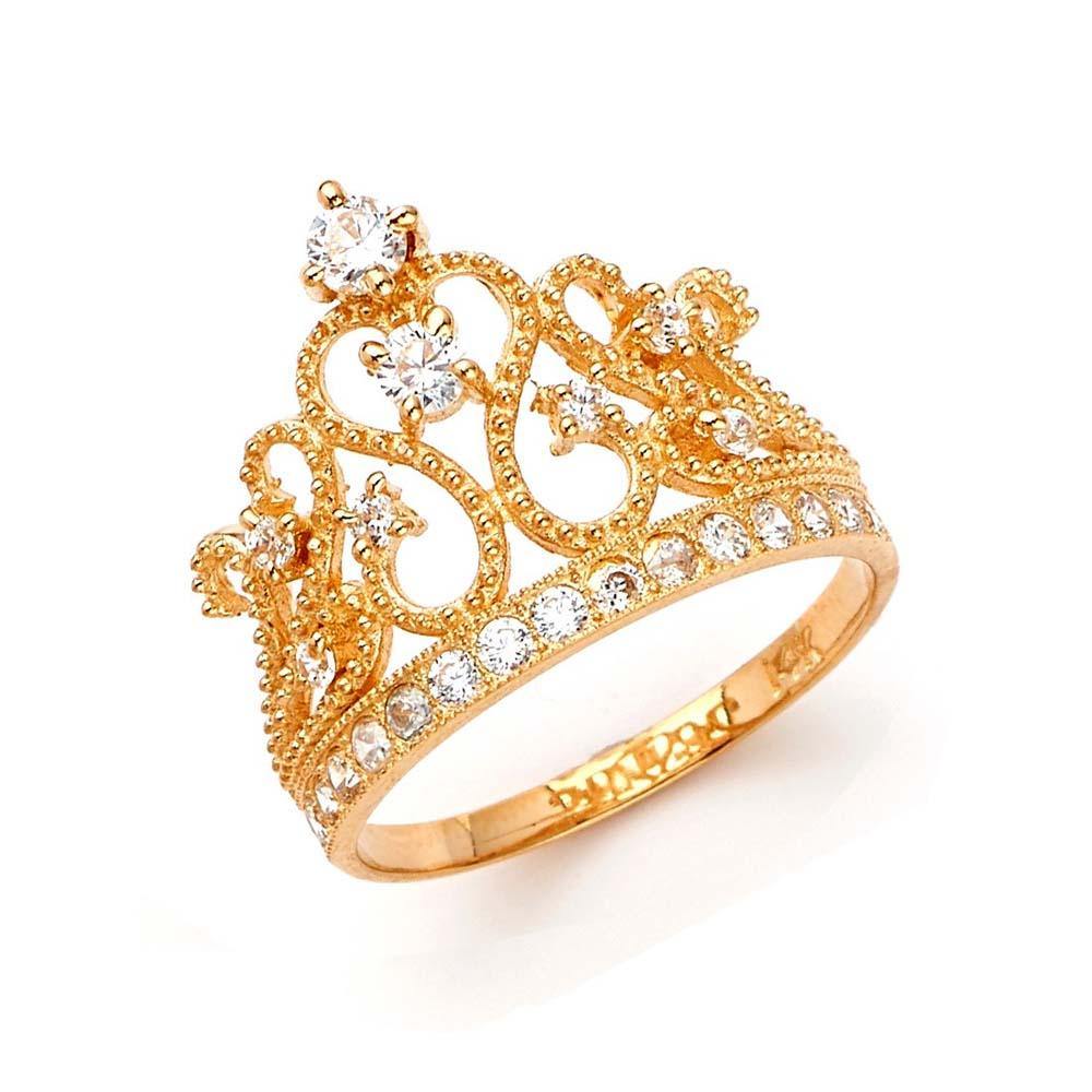 14K Yellow Gold 15mm Crown Clear CZ Ring - silverdepot