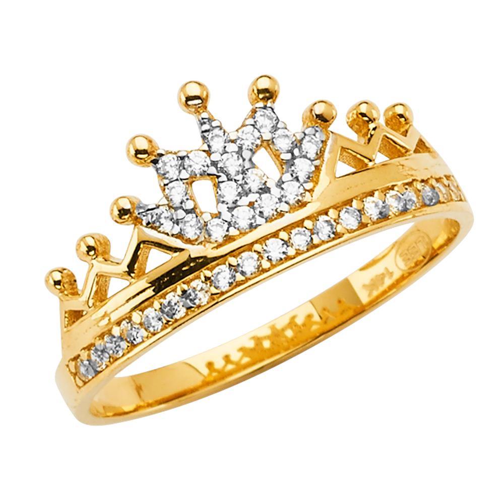 14K Yellow Gold Crown Clear CZ Ring - silverdepot