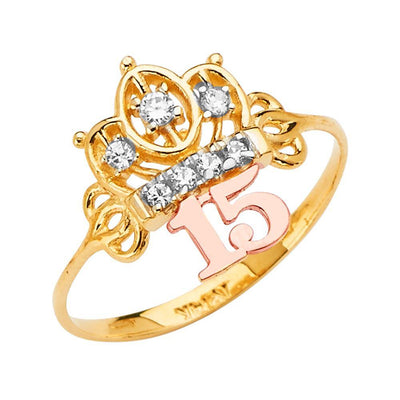 14K Tri Color 15 Years Crown Clear CZ Ring - silverdepot