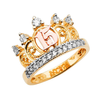 14K Tri Color 15 Years Crown Clear CZ Ring - silverdepot