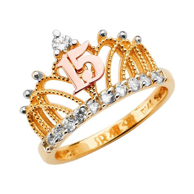 14K Tri Color 15 Years Crown Clear CZ Ring - silverdepot