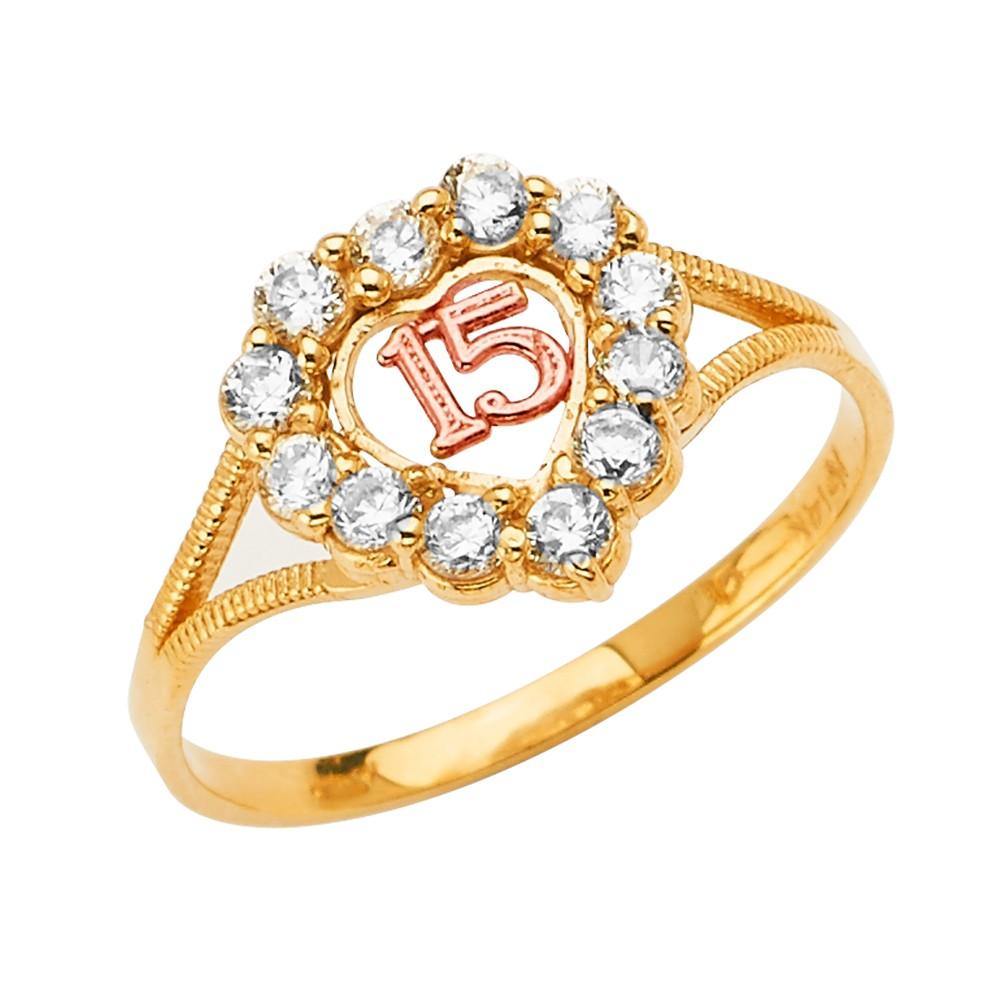 14K Tri Color 15 Years Heart Clear CZ Ring - silverdepot