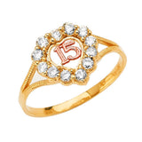 14K Tri Color 15 Years Heart Clear CZ Ring
