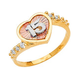 14K Tri Color 15 Years Heart Clear CZ Ring