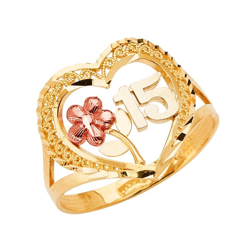 14K Tri Color 15 Years Heart Clear CZ Ring