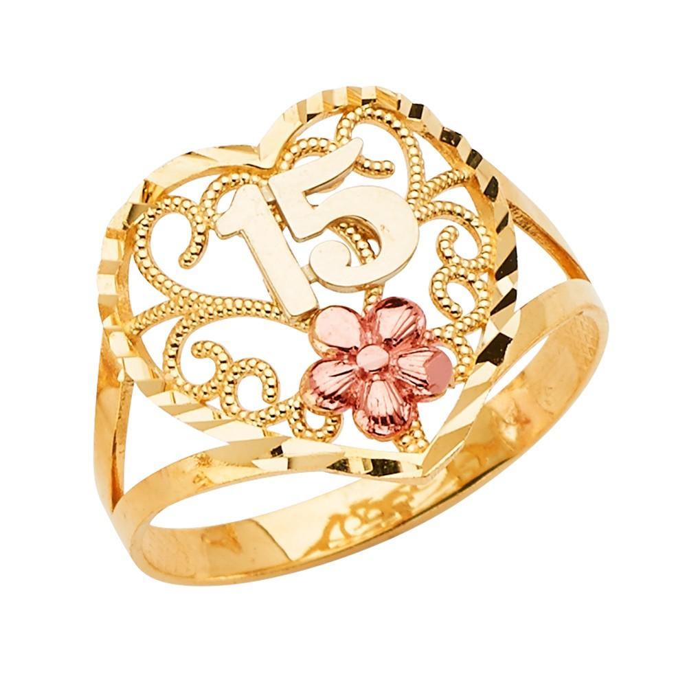 14K Tri Color 15 Years Heart Clear CZ Ring