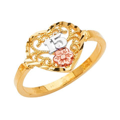 14K Tri Color 15 Years Heart Clear CZ Ring