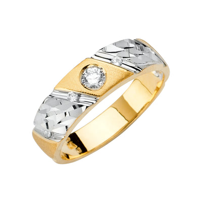 14K Two Tone CZ Wedding Trio Mens Band Sets