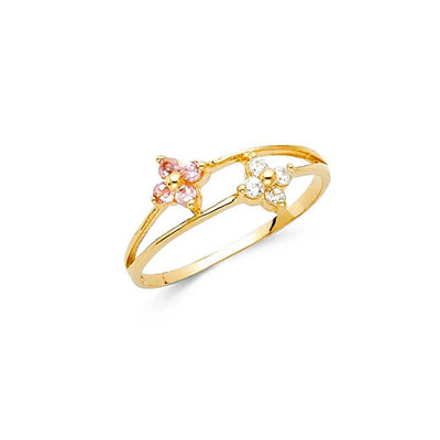 14K Yellow Gold 6mm CZ Pink and White Babies Ring - silverdepot