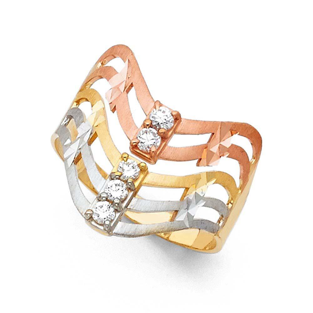 14K Tri Color 15mm Clear CZ Semanario Ring