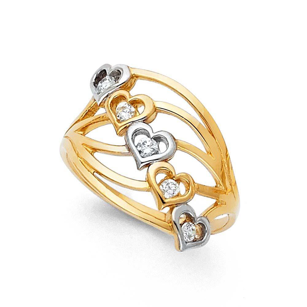 14K Yellow Gold 15mm Five Heart Clear CZ Ring
