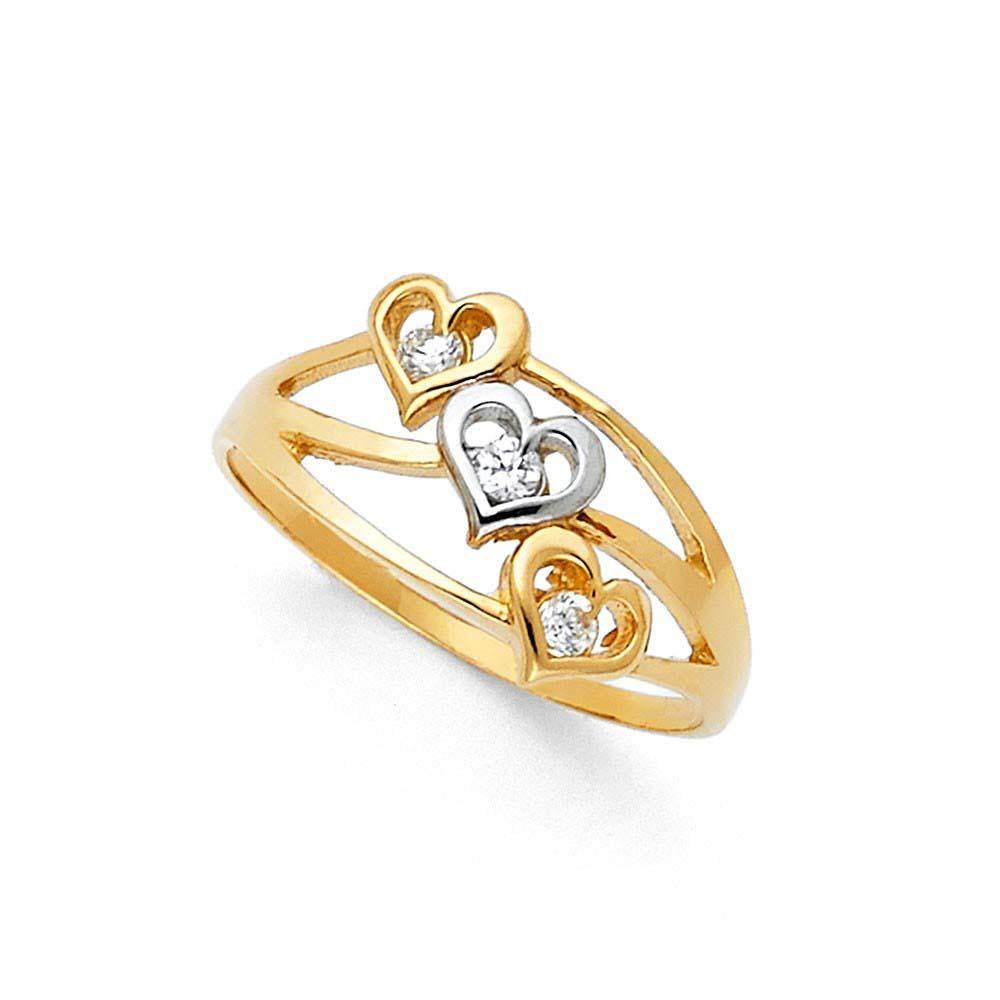 14K Yellow Gold 10mm Three Heart Clear CZ Ring