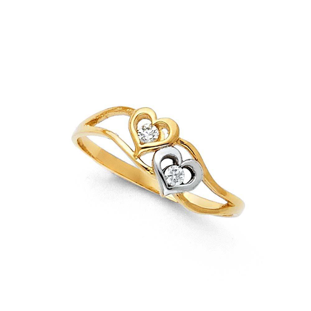 14K Two Tone Gold 7mm Two Heart Clear CZ Ring