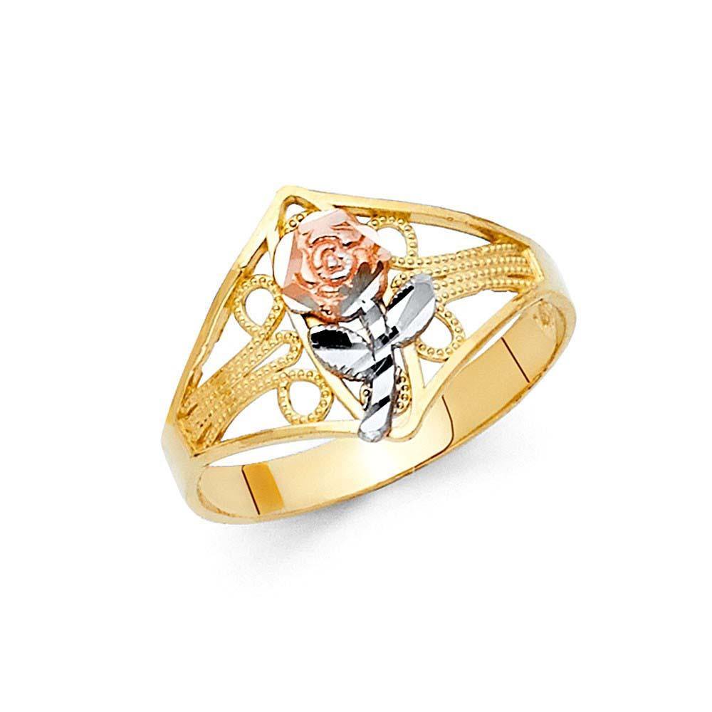 14K Tri Color 12mm Assorted Fancy Flower Ring