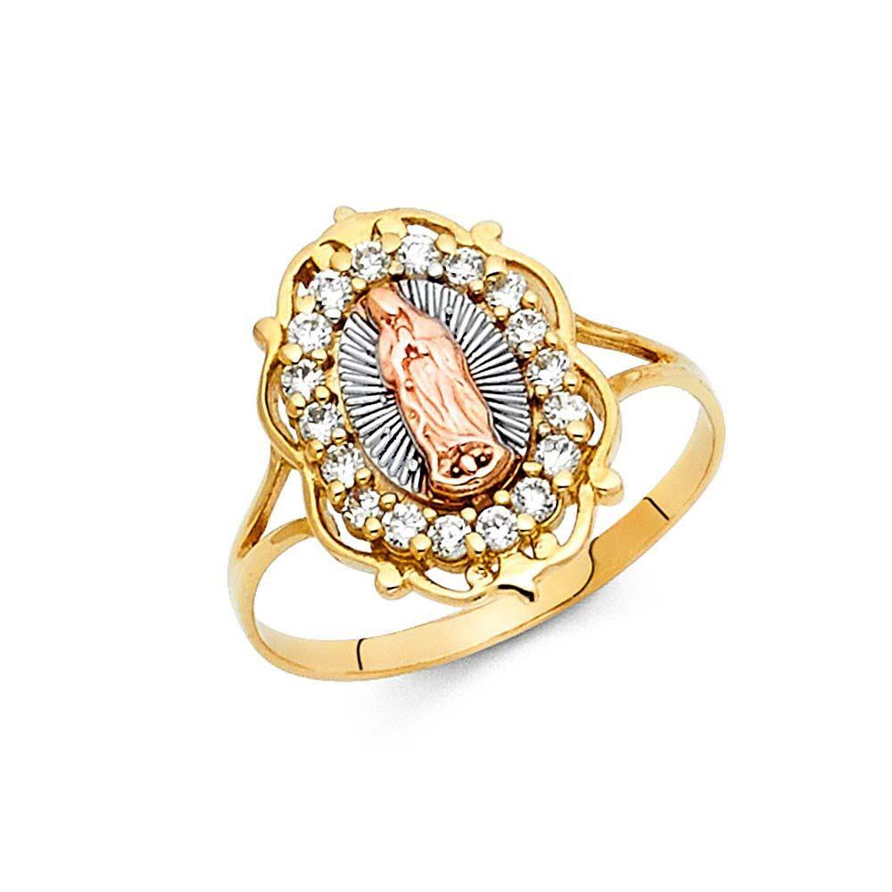 14K Tri Color 15mm Clear CZ Our Lady of Guadalupe Religious Ring - silverdepot