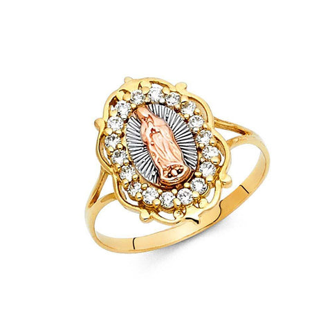 14K Tri Color 15mm Clear CZ Our Lady of Guadalupe Religious Ring