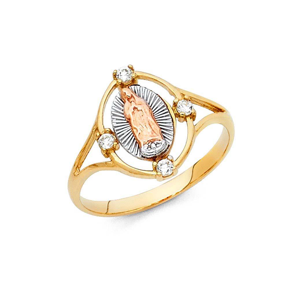 14K Tri Color 13mm Clear CZ Our Lady of Guadalupe Religious Ring - silverdepot