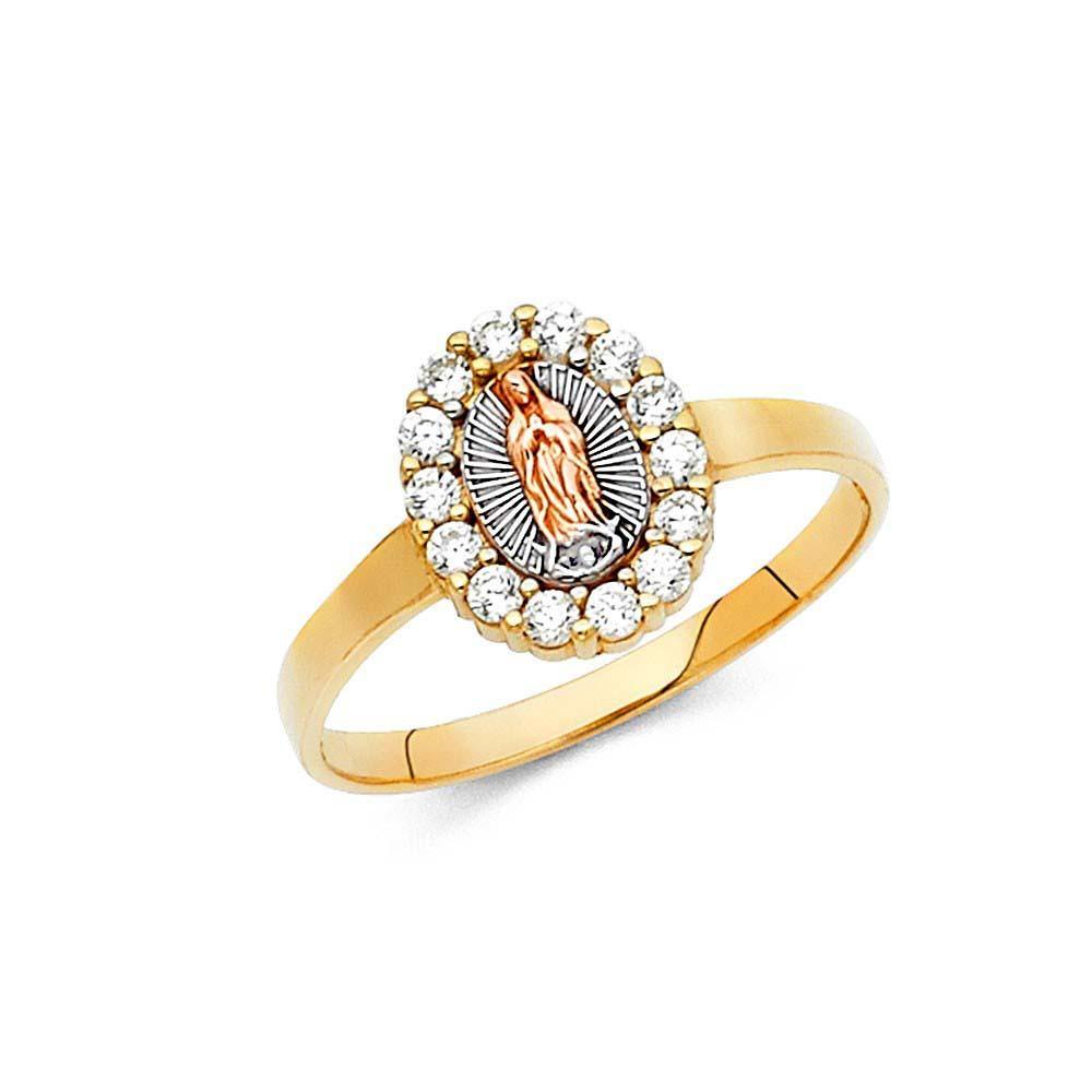 14K Tri Color 10mm Clear CZ Our Lady of Guadalupe Religious Ring - silverdepot