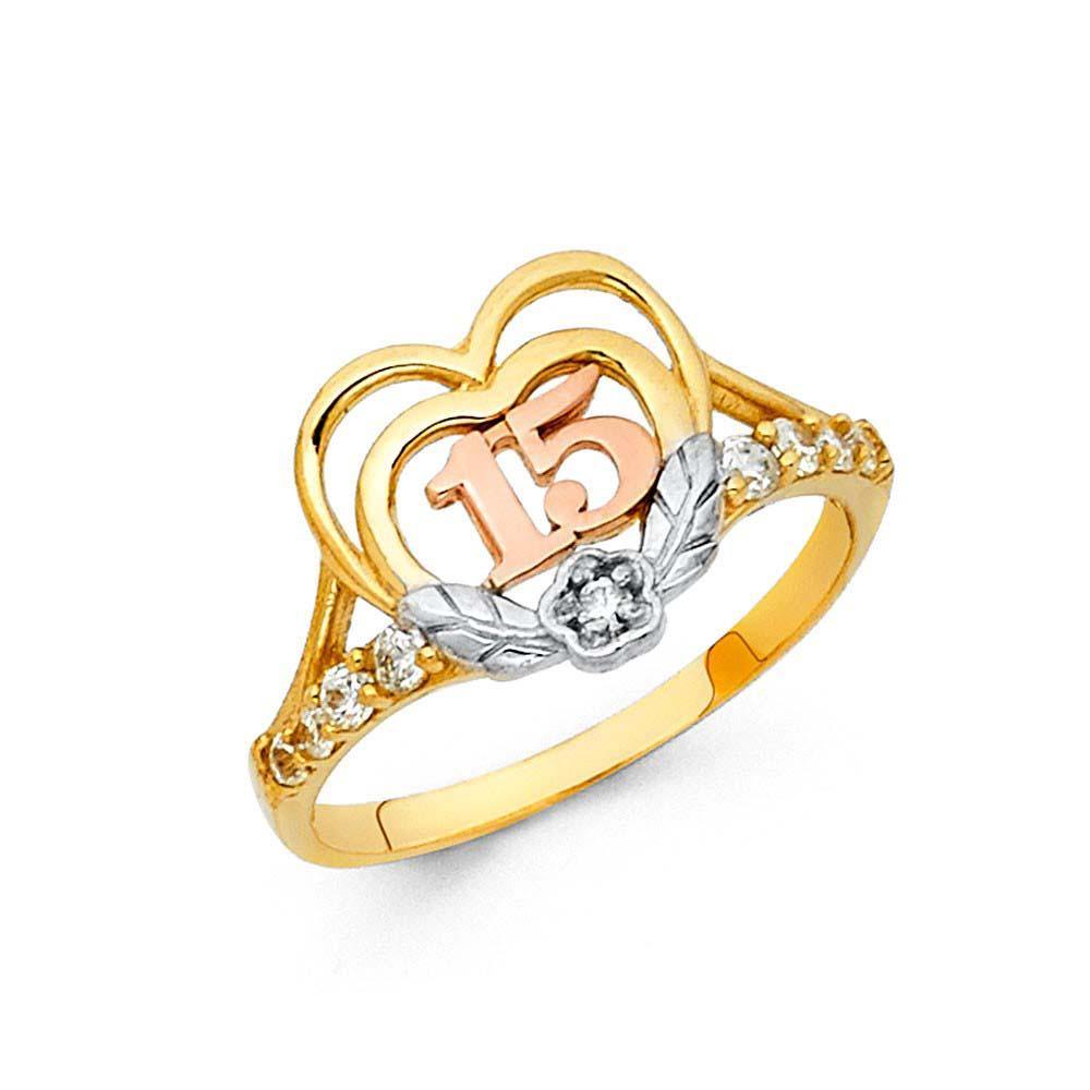 14K Tri Color 12mm 15 Years Clear CZ Heart Ring - silverdepot
