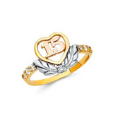 14K Tri Color 11mm 15 Years Clear CZ Heart Ring