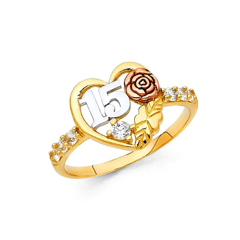 14K Tri Color 12mm 15 Years Clear CZ Heart Ring