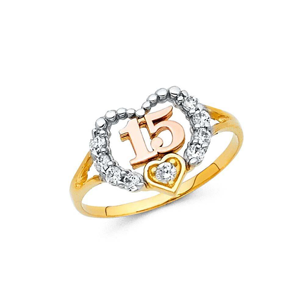 14K Two Tone 11mm 15 Years Clear CZ Heart Ring - silverdepot