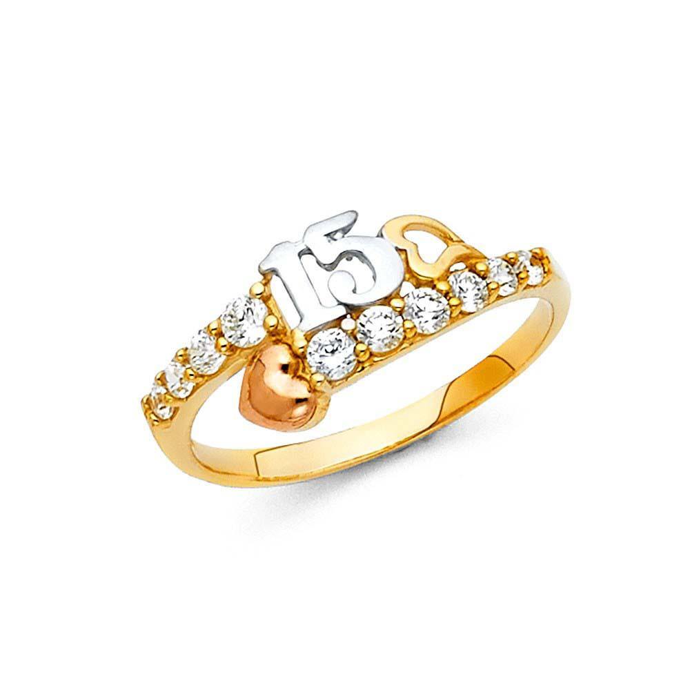 14K Tri Color 8mm 15 Years Clear CZ Heart Ring - silverdepot