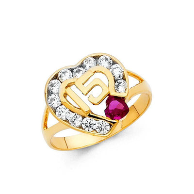 14K Yellow Gold 12mm 15 Years Pink And Clear CZ Heart Ring - silverdepot