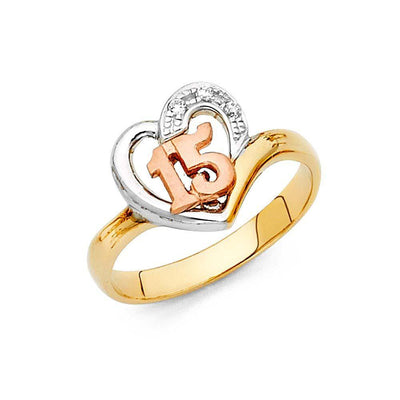 14K Tri Color 12mm Clear CZ 15 Years Heart Ring - silverdepot