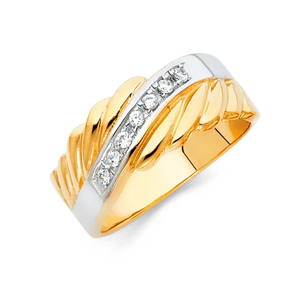 14K Two Tone 8mm CZ Wedding Trio Mens Band Sets