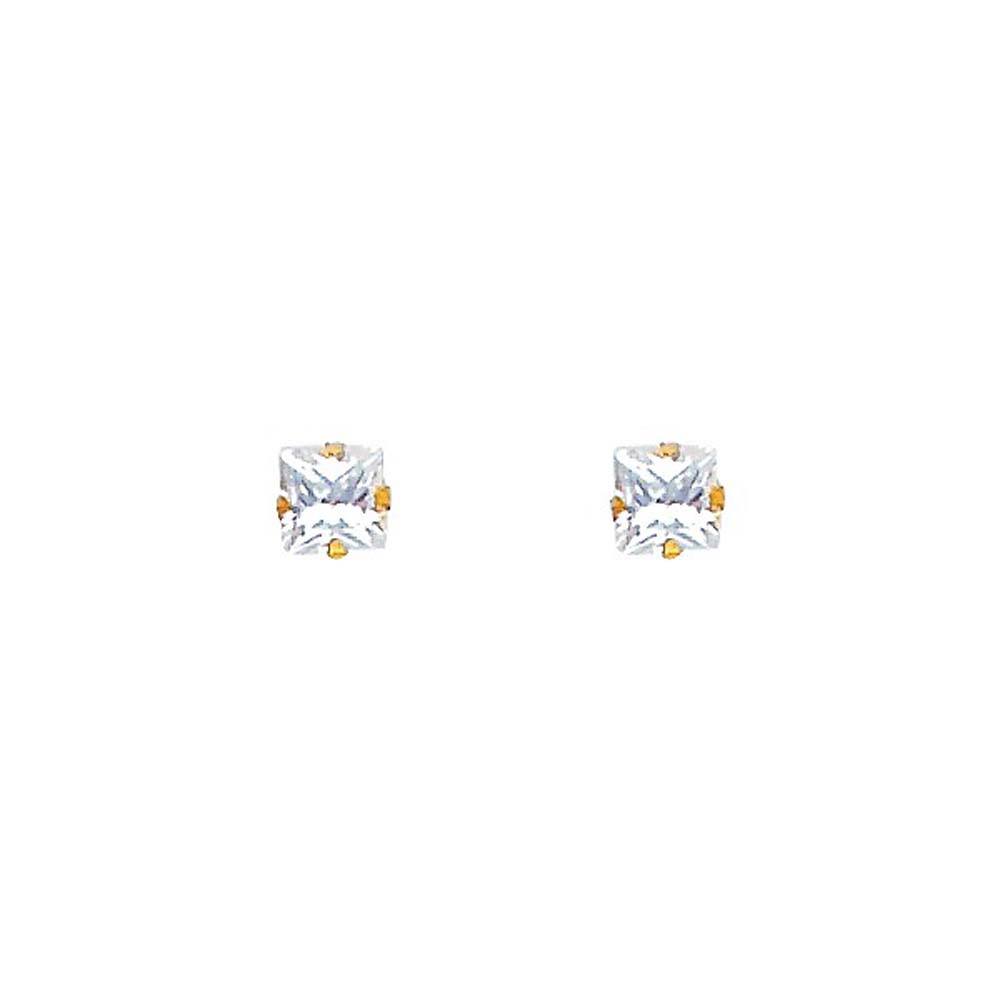 14k Yellow Gold Princess CZ Stamping Prong Stud Earrings With Screw Back