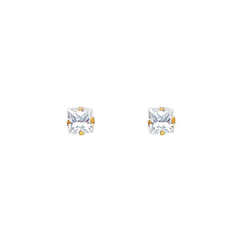 14k Yellow Gold Princess CZ Stamping Prong Stud Earrings With Screw Back