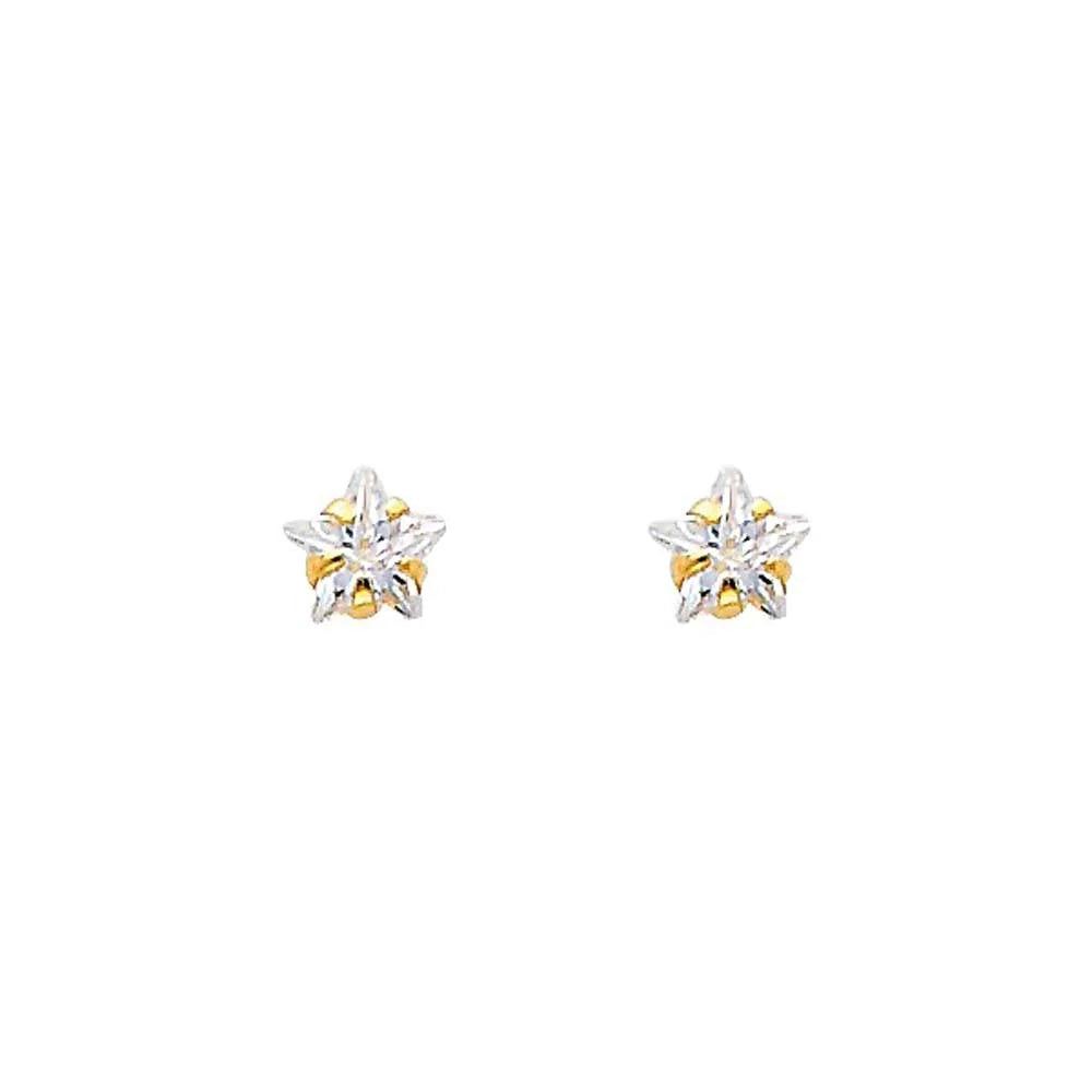 14k Yellow Gold Star CZ Stamping Prong Stud Earrings With Screw Back