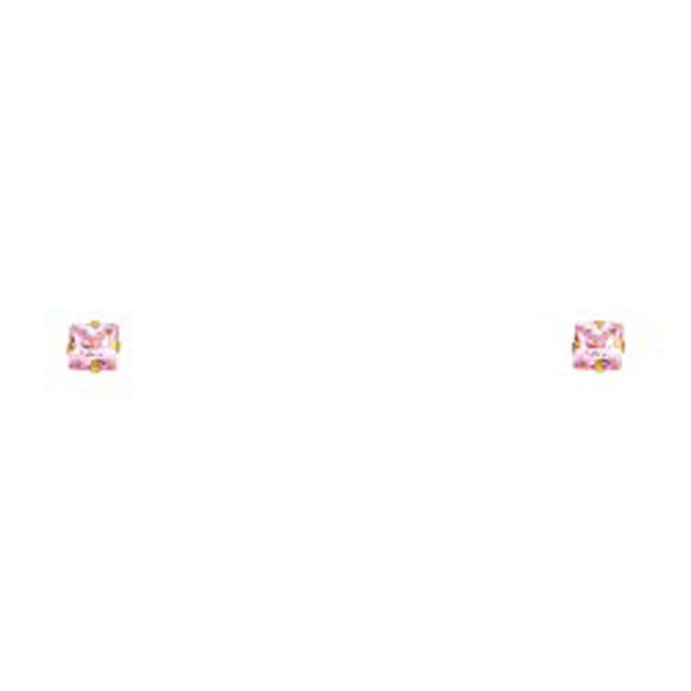 14k Yellow Gold Princess Pink CZ Stamping Prong Stud Earrings With Screw Back