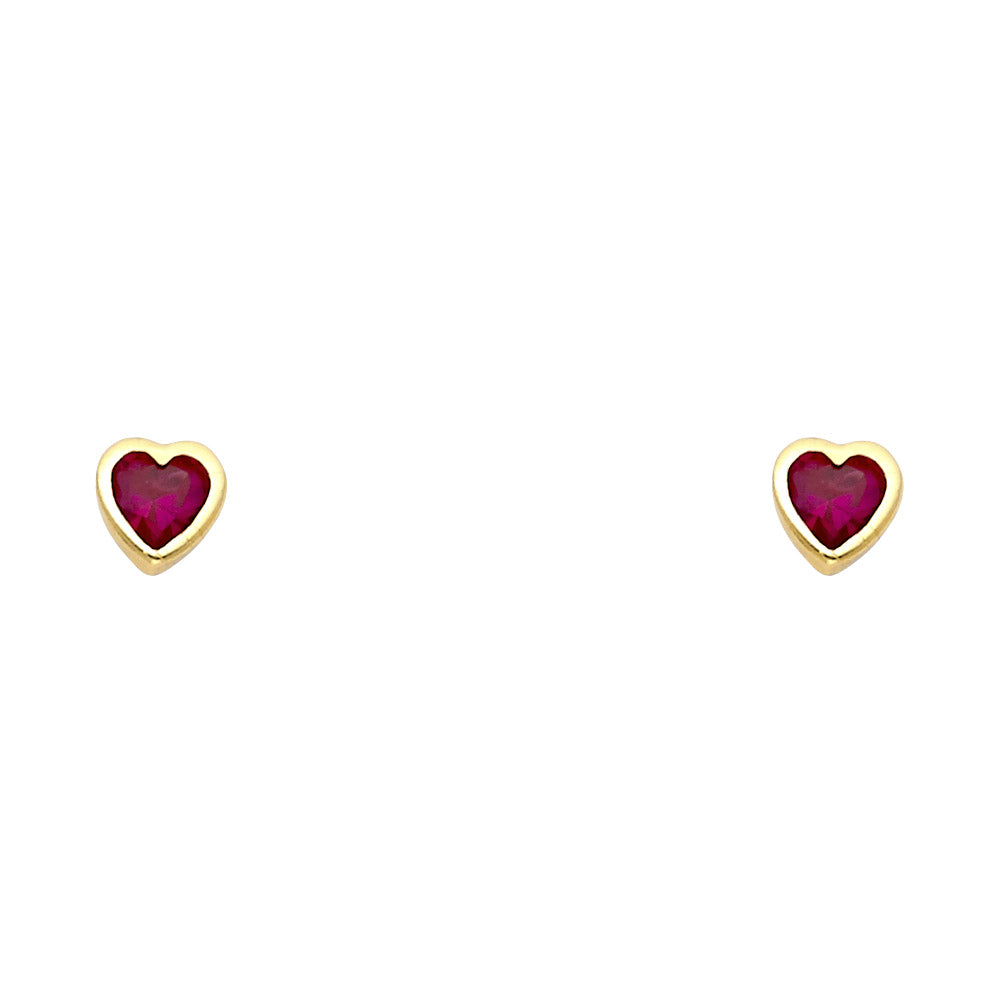 14K Yellow Gold 5mm Red Stone Heart Earrings