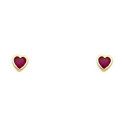 14K Yellow Gold 5mm Red Stone Heart Earrings