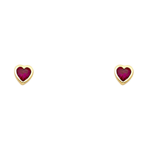 14K Yellow Gold Red Stone Heart Earrings