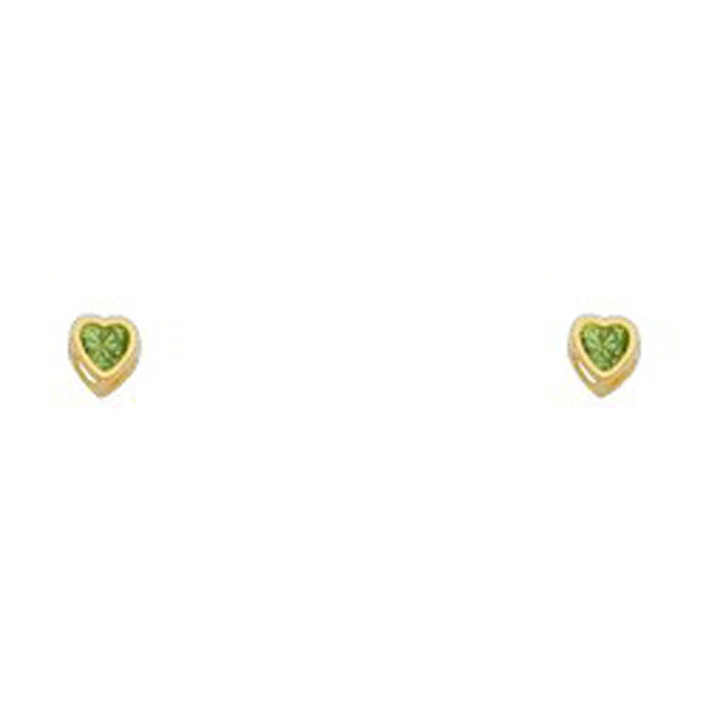 14k Yellow Gold 3mm Heart Peridot CZ August Birth Stone Stud Earrings With Screw Back