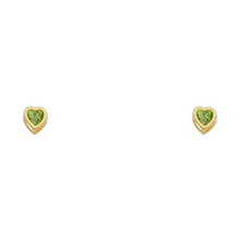 Load image into Gallery viewer, 14k Yellow Gold 3mm Heart Peridot CZ August Birth Stone Stud Earrings With Screw Back