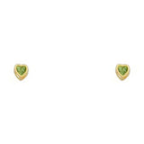 14k Yellow Gold 3mm Heart Peridot CZ August Birth Stone Stud Earrings With Screw Back