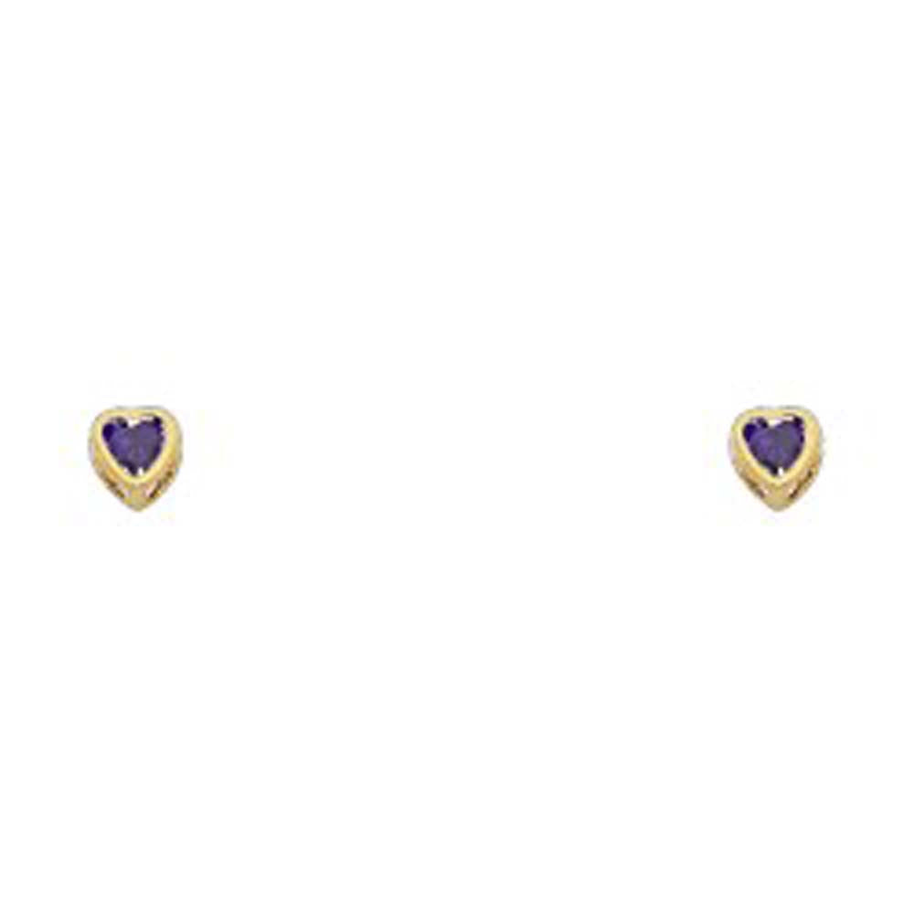 14k Yellow Gold 3mm Heart Amethyst CZ February Birth Stone Stud Earrings With Screw Back