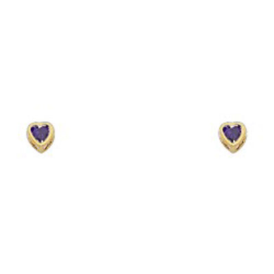 14k Yellow Gold 3mm Heart Amethyst CZ February Birth Stone Stud Earrings With Screw Back