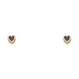 14k Yellow Gold 3mm Heart Amethyst CZ February Birth Stone Stud Earrings With Screw Back
