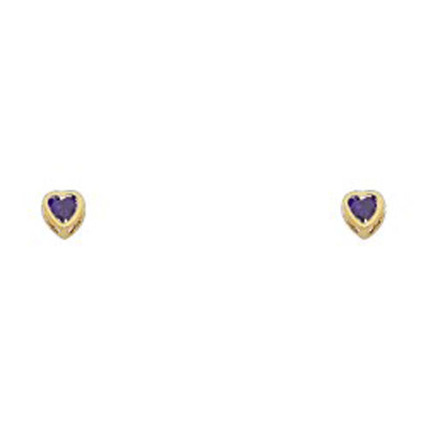 14k Yellow Gold 3mm Heart Amethyst CZ February Birth Stone Stud Earrings With Screw Back