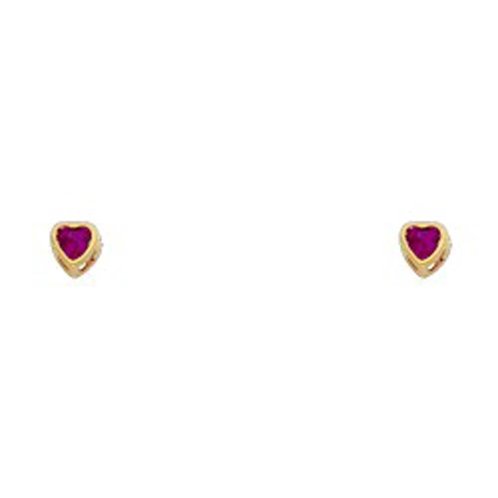 14k Yellow Gold 3mm Heart Ruby CZ July Birth Stone Stud Earrings With Screw Back