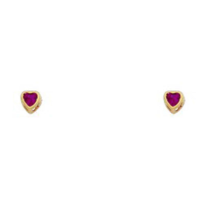 14k Yellow Gold 3mm Heart Ruby CZ July Birth Stone Stud Earrings With Screw Back
